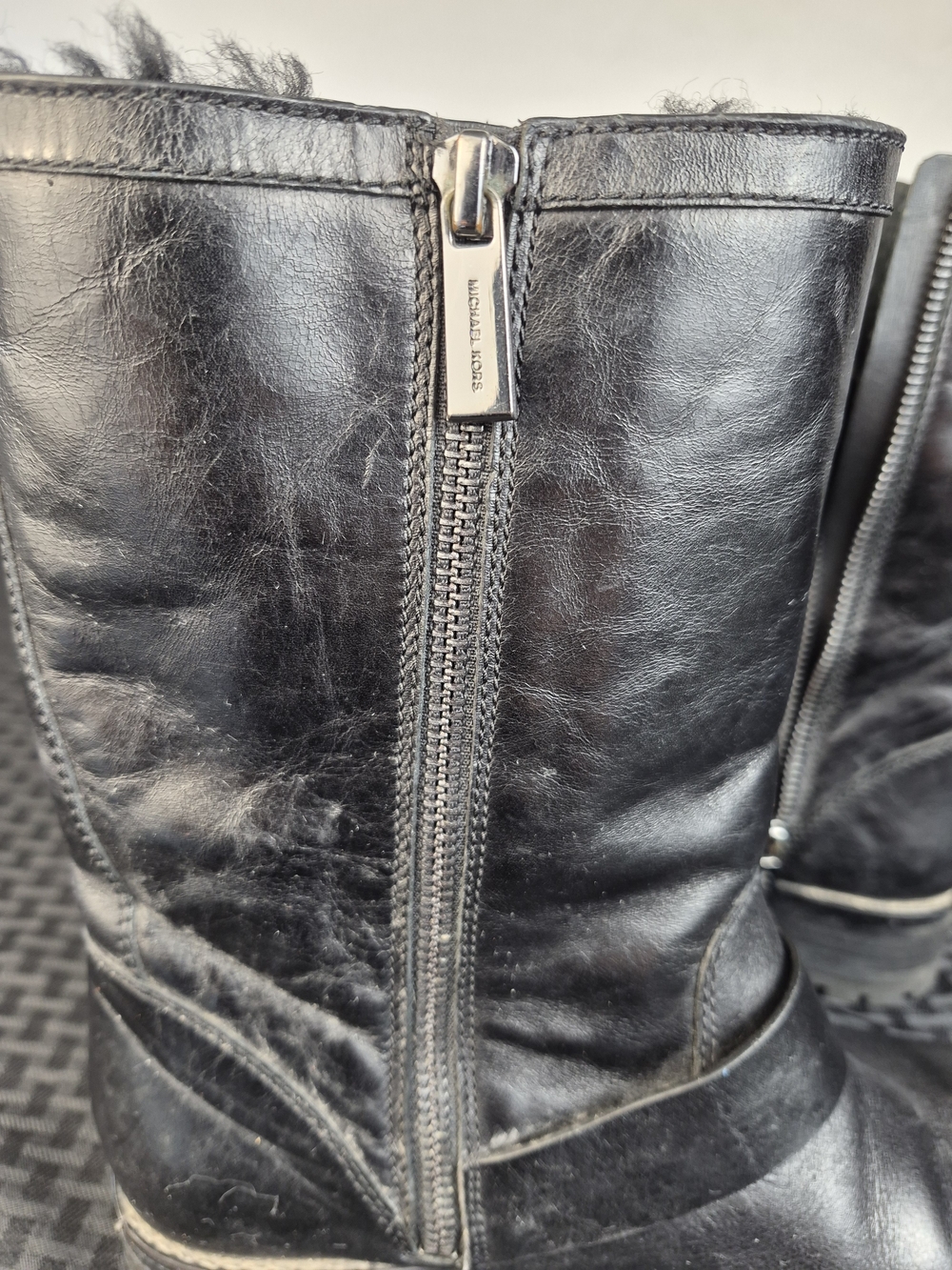 Michael Kors Black Leather Buckle Moto Boots with Shearling Trim - Picture 9 of 10